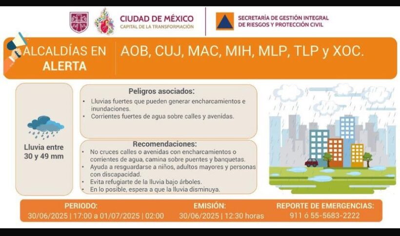La Secretaría de Gestión Integral de Riesgos y Protección Civil de la CDMX, alerta a estas alcaldías: