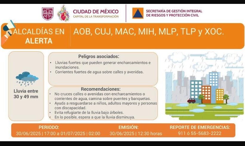 La Secretaría de Gestión Integral de Riesgos y Protección Civil de la CDMX, alerta a estas alcaldías: La Secretaría de Gestión Integral de Riesgos y Protección Civil de la CDMX, alerta a estas alcaldías: